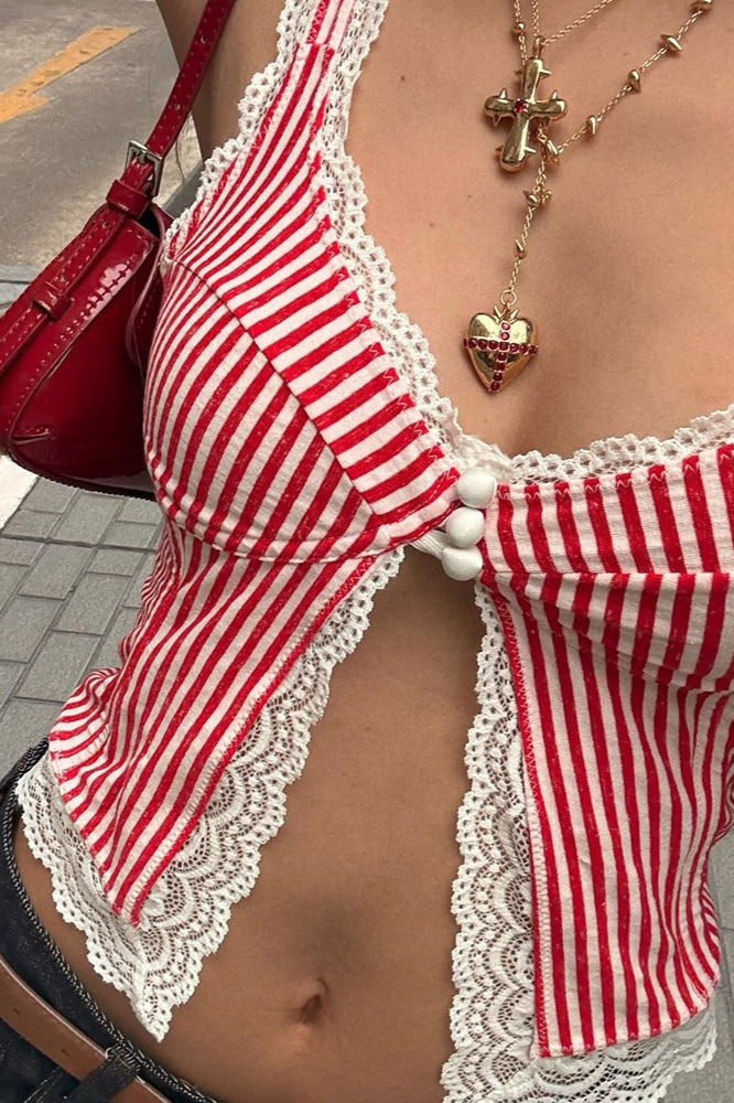 Agda Ruffled Stripe Lace Tank Top - Women's Everyday Fashion Top - Image 15