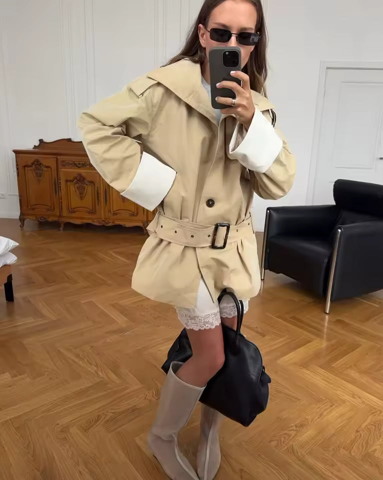 Alicia Contrast Cuffs Belted Trench Coat - Women's Fall and Winter Outerwear - Image 4