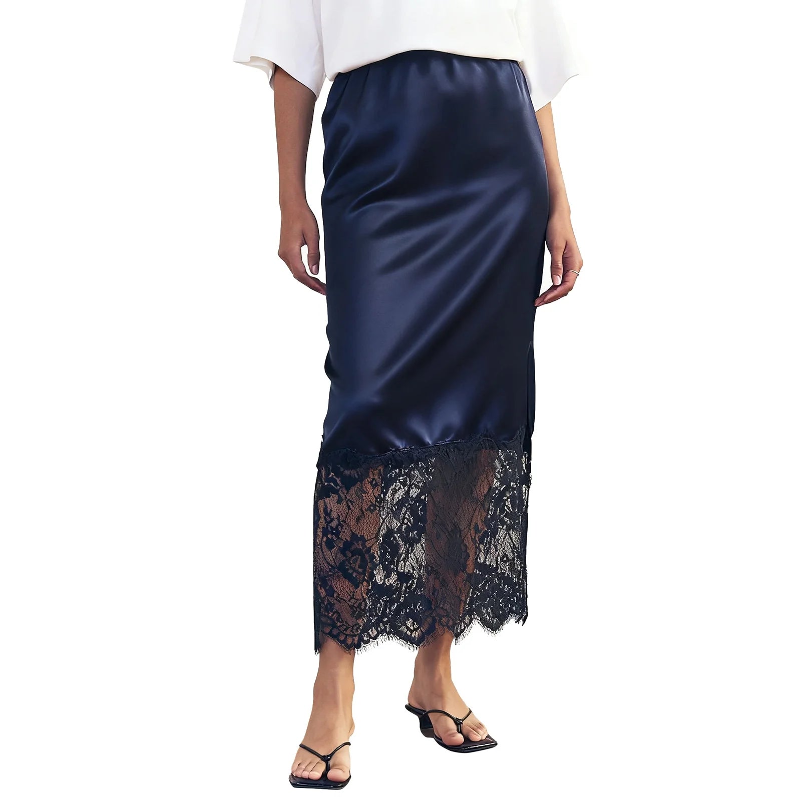 Cheska Lace Hem Satin Long Skirt with Slit - Women's Fashion Skirt - Image 5