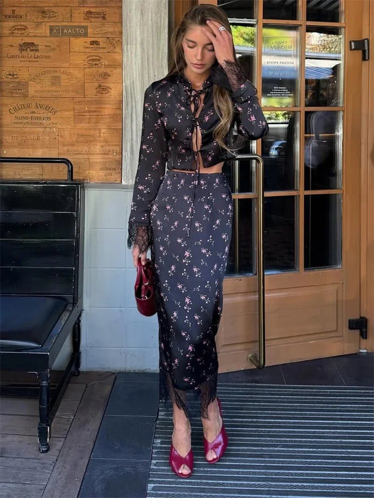 Lisa Lace Trim Floral Hollow Out Top and Maxi Skirt Set - Women's Coordinated Two-Piece Outfit - Image 2