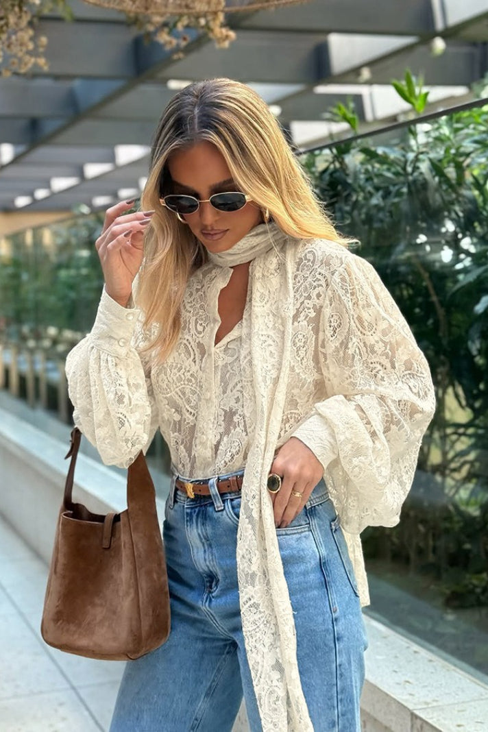Dunja Sheer Lace Tie Blouse - Women's Everyday Fashion Top - Image 12