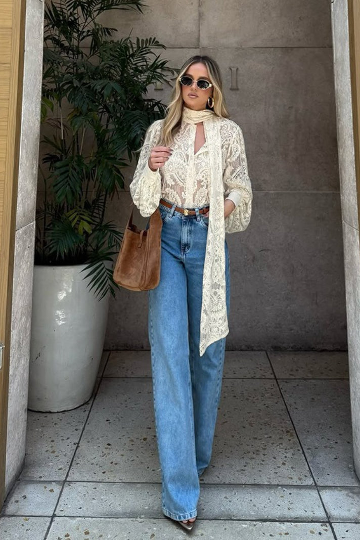 Dunja Sheer Lace Tie Blouse - Women's Everyday Fashion Top - Image 13