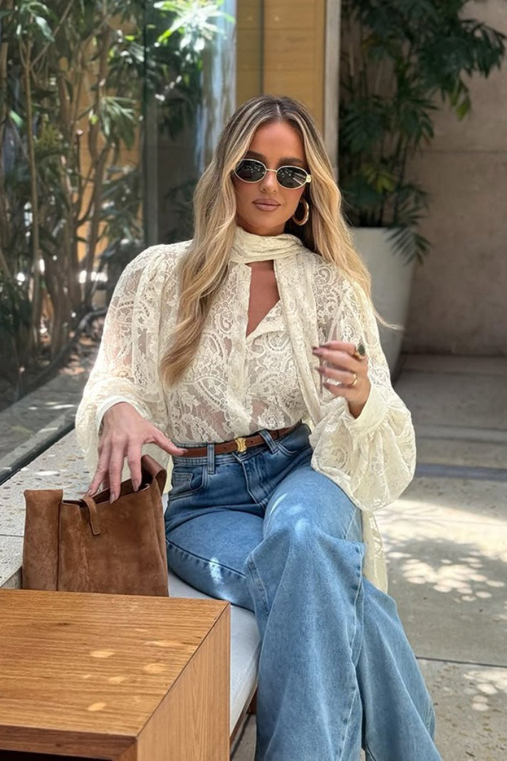 Dunja Sheer Lace Tie Blouse - Women's Everyday Fashion Top - Image 11