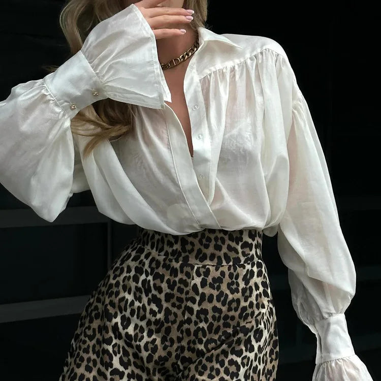 Isabella Oversized Ribbon-Tie Puff Sleeve Shirt - Women's Everyday Fashion Top - Image 4