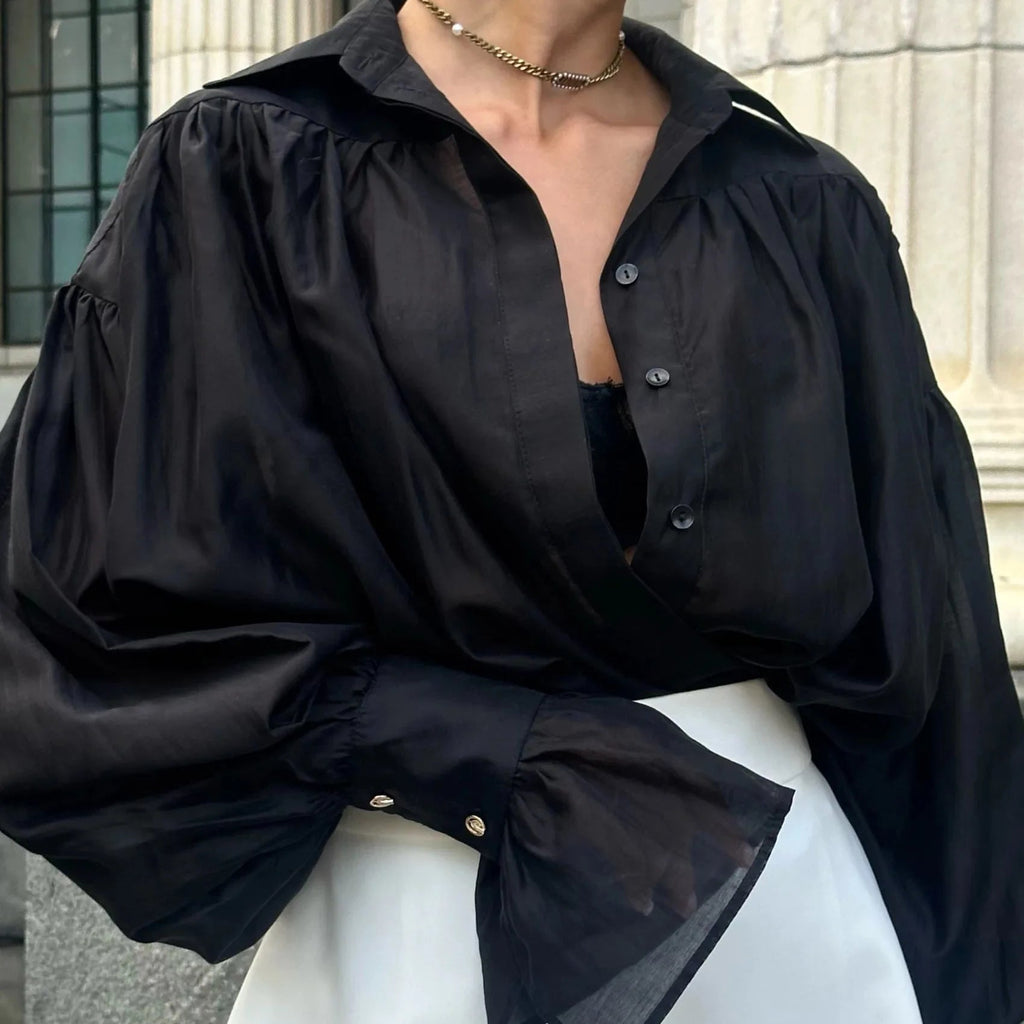 Isabella Oversized Ribbon-Tie Puff Sleeve Shirt - Women's Everyday Fashion Top - Image 6