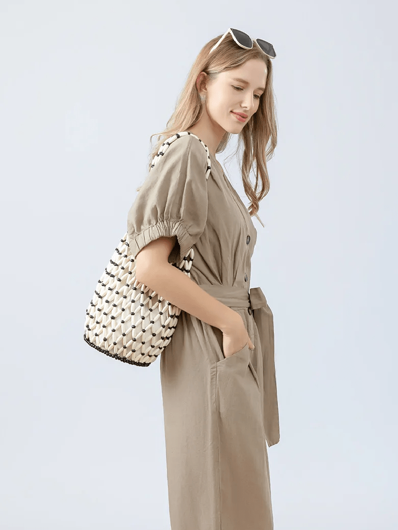 Margot Women's Woven Beaded Tote Bag - Handmade Boho Shoulder Bag - Image 15