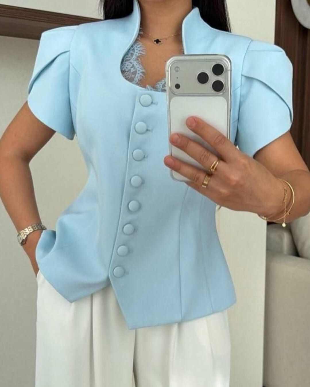 Gloria Button Front Stand Collar Top - Women's Everyday Fashion Top - Image 2