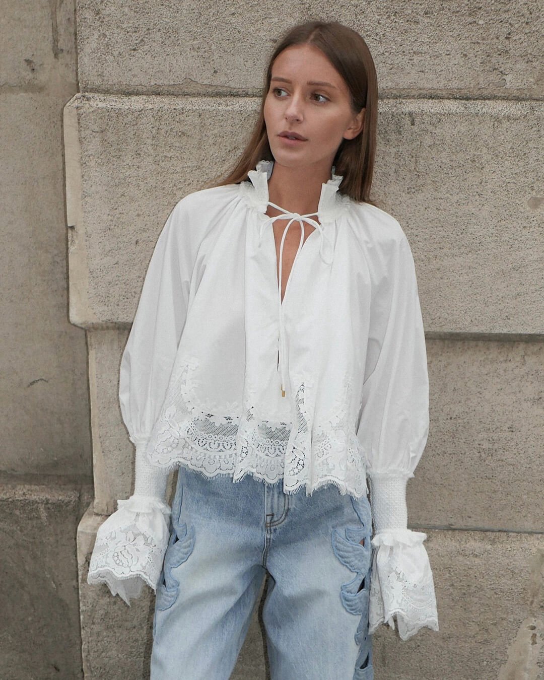 Annie Embroidery Lace Trim Blouse - Women's Long Sleeve Fashion Top - Image 3