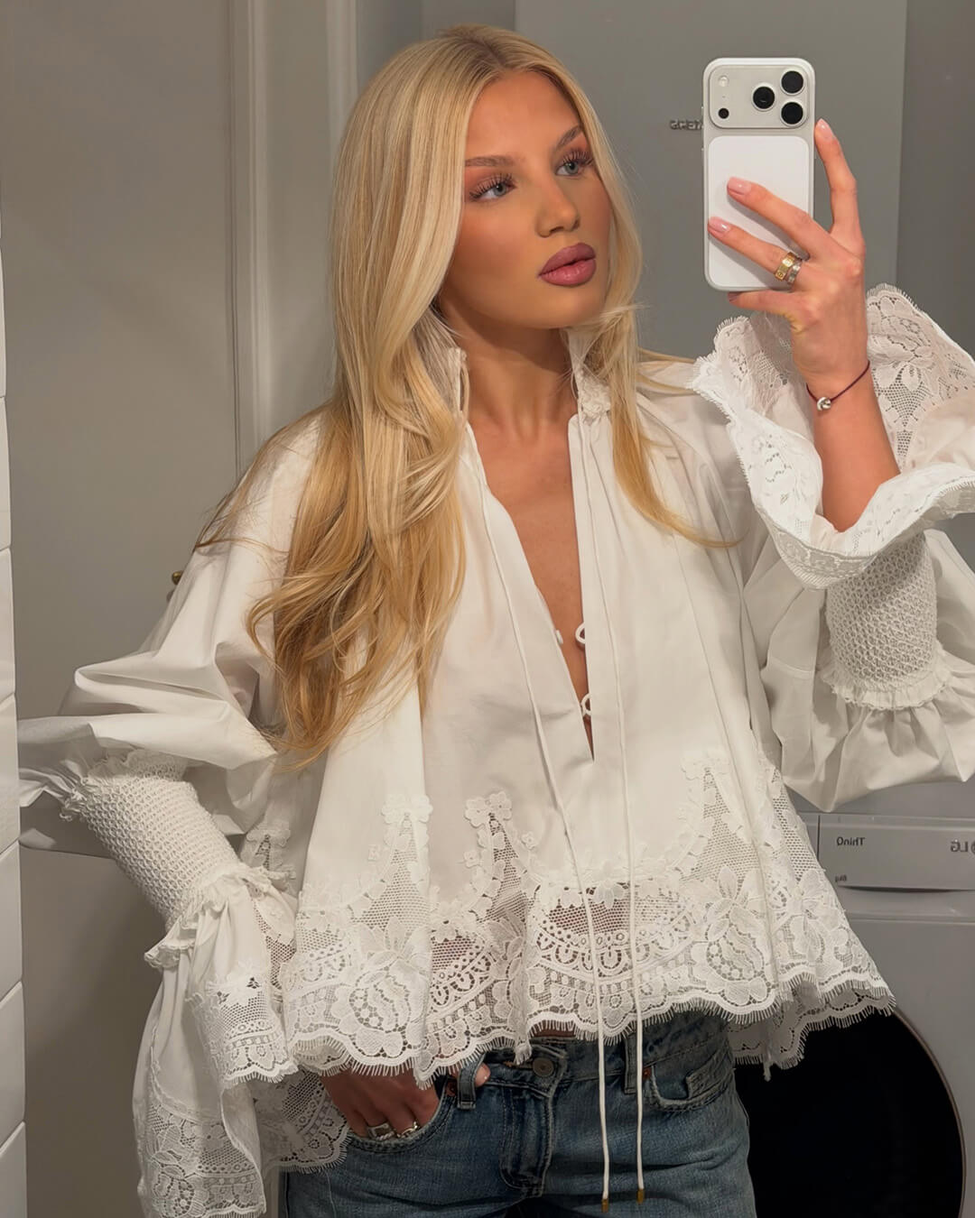 Annie Embroidery Lace Trim Blouse - Women's Long Sleeve Fashion Top
