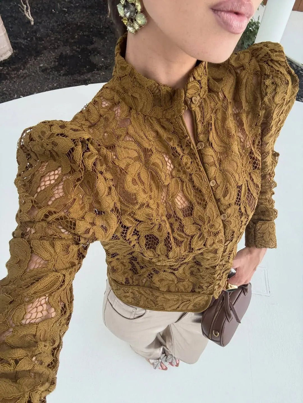 Azzurra Lace See-Through Blouse - Women's Long Sleeve Fashion Top - Image 4