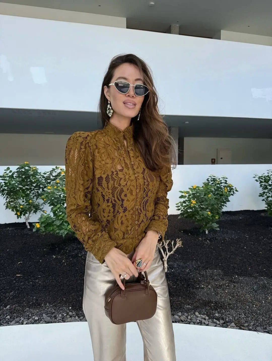 Azzurra Lace See-Through Blouse - Women's Long Sleeve Fashion Top - Image 3