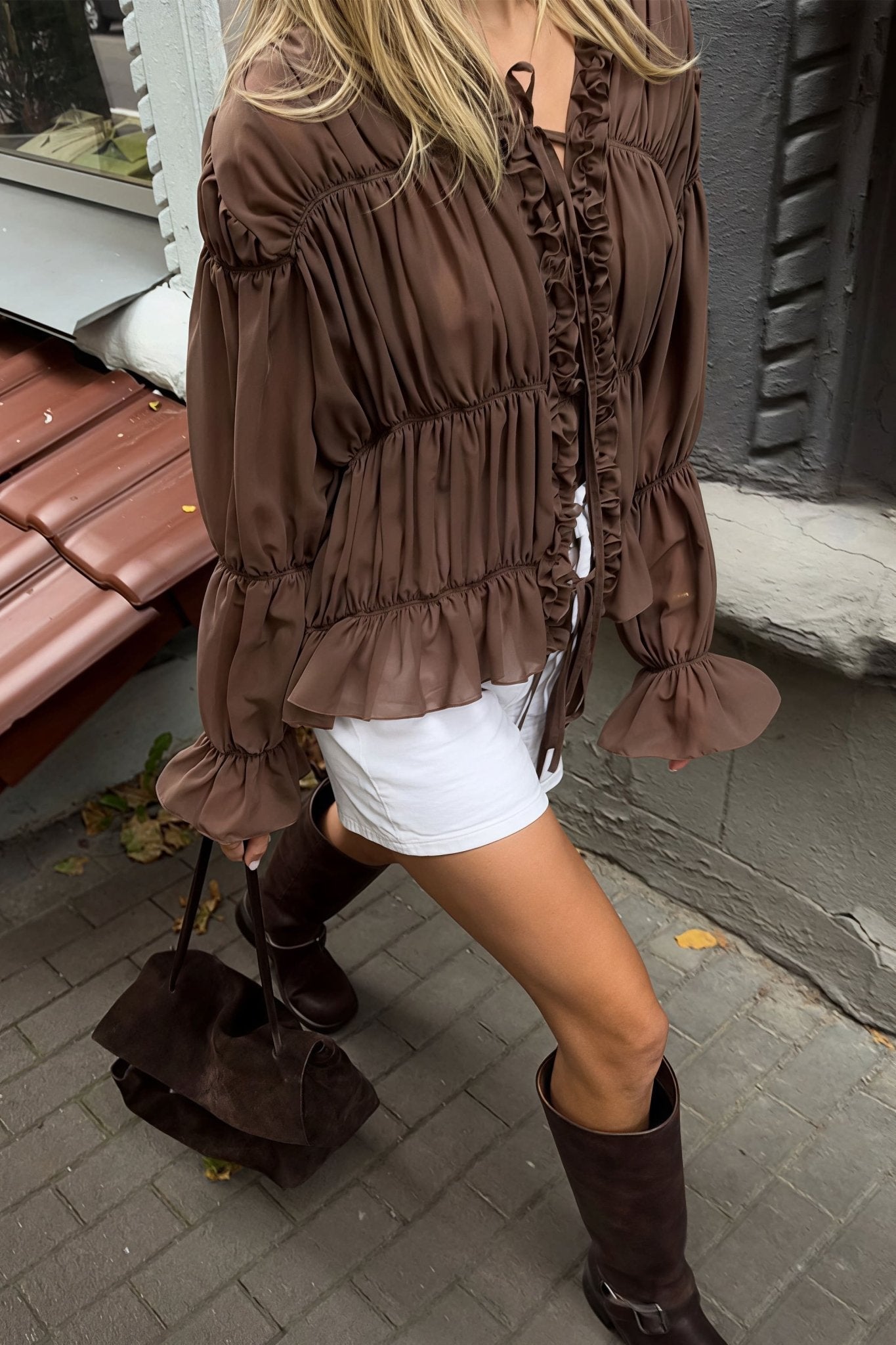 Carmen Ruched Ruffle Tie Blouse - Women's Everyday Fashion Top