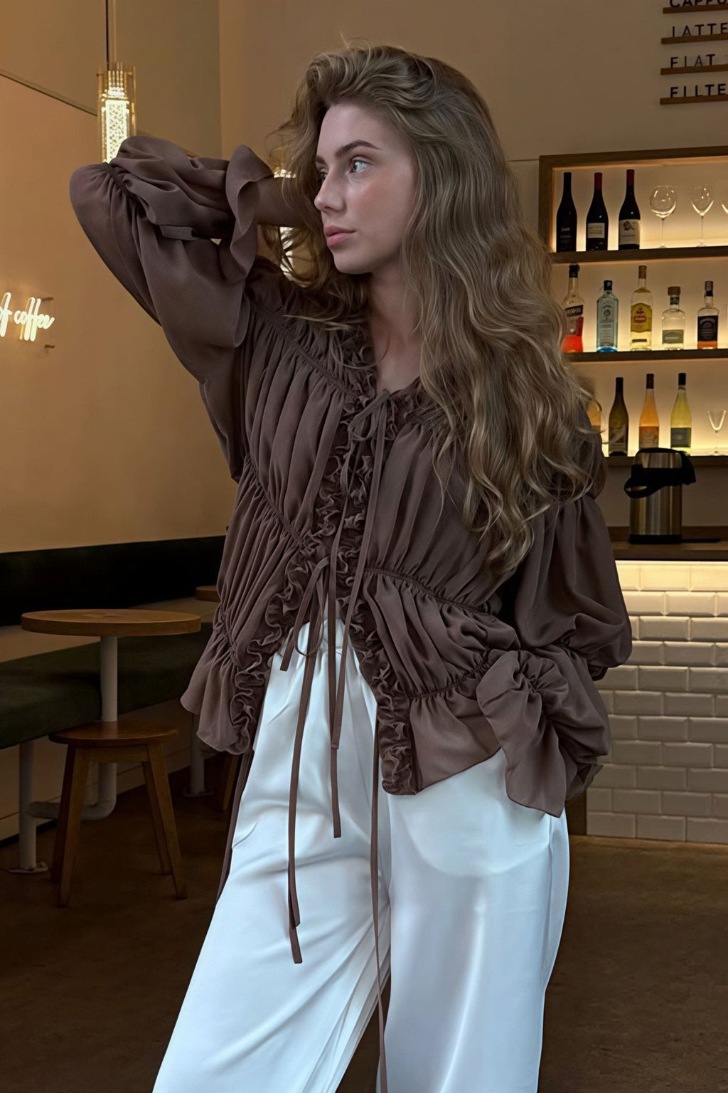Carmen Ruched Ruffle Tie Blouse - Women's Everyday Fashion Top - Image 4