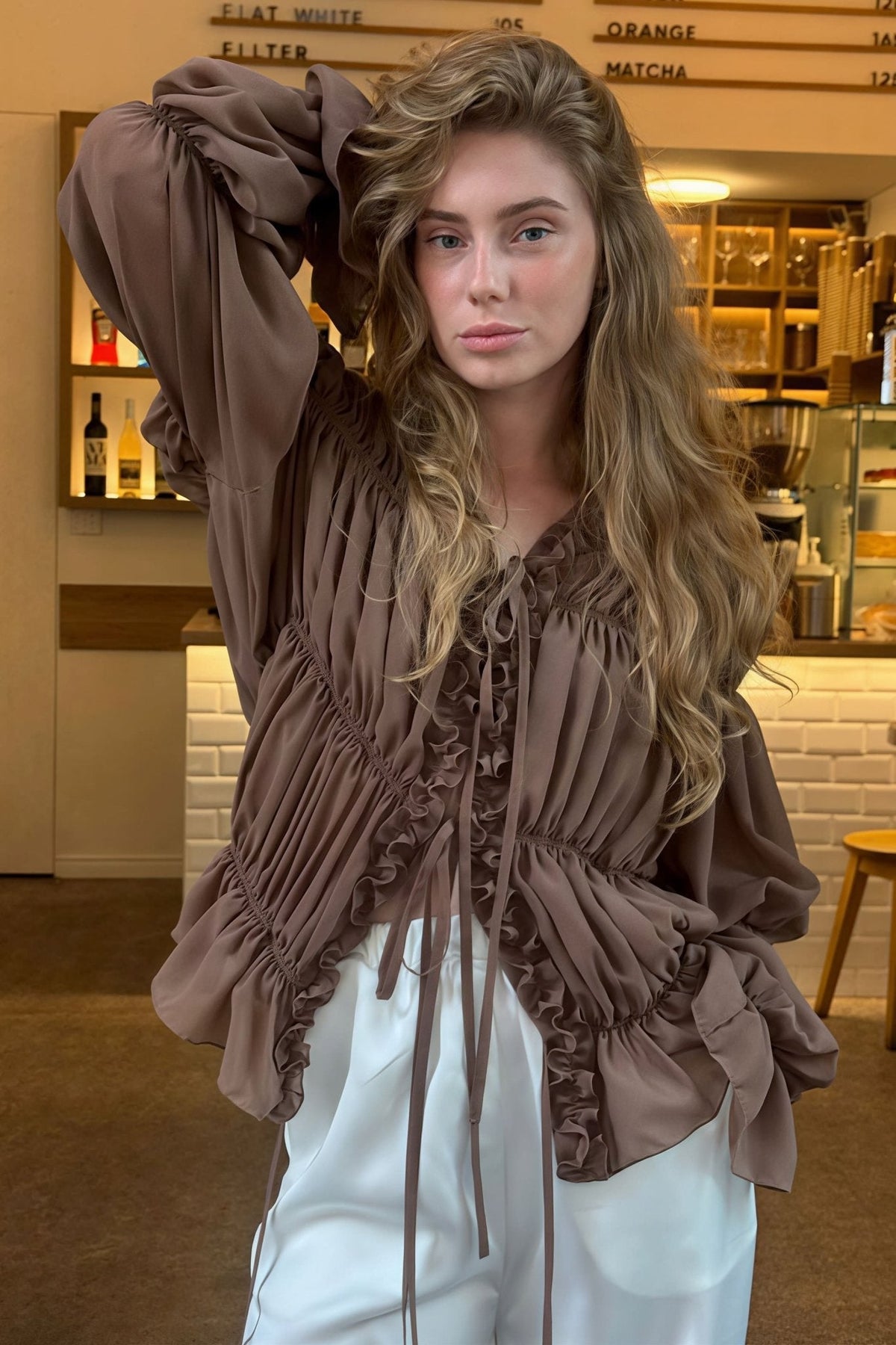 Carmen Ruched Ruffle Tie Blouse - Women's Everyday Fashion Top - Image 3