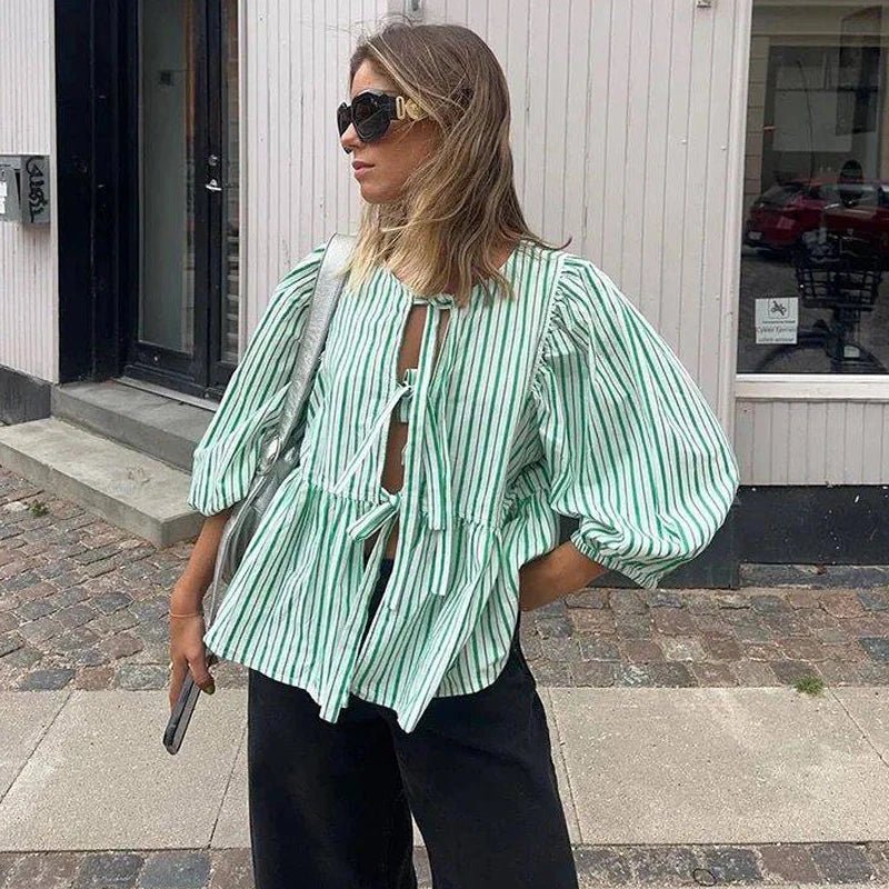 Emma Striped Puff Sleeve Blouse - Women's Long Sleeve Fashion Top - Image 3