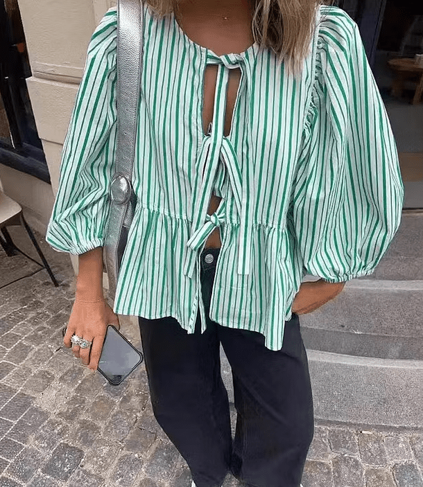Emma Striped Puff Sleeve Blouse - Women's Long Sleeve Fashion Top