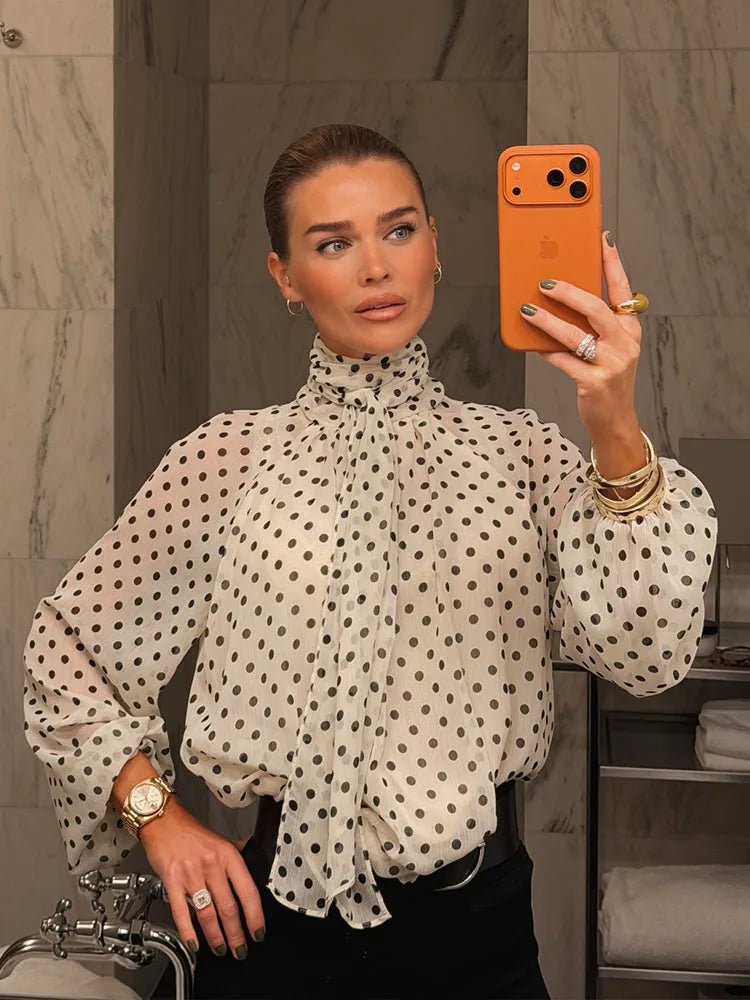 Sofia Women's High Neck Polka Dot Blouse - Long Sleeve Dressy Casual Blouse