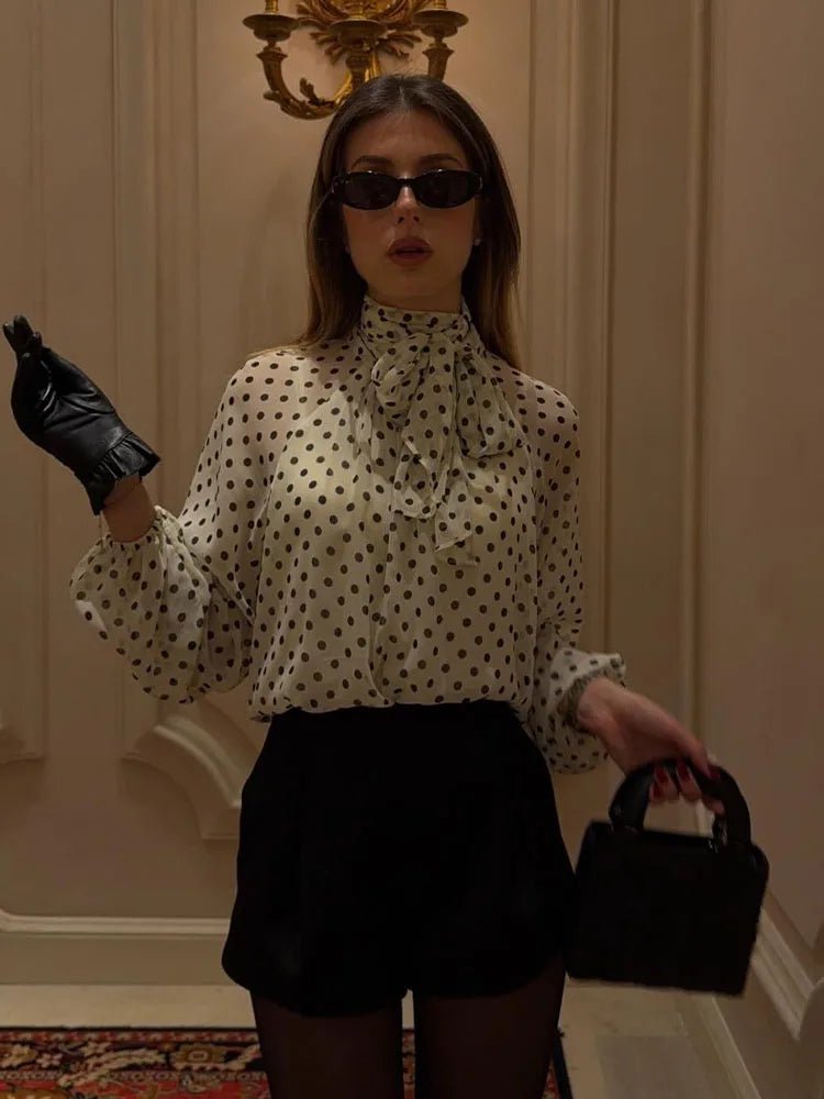 Sofia Women's High Neck Polka Dot Blouse - Long Sleeve Dressy Casual Blouse - Image 3