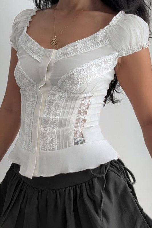 Hannah Button Front Puff Lace Blouse - Women's Everyday Fashion Top - Image 4