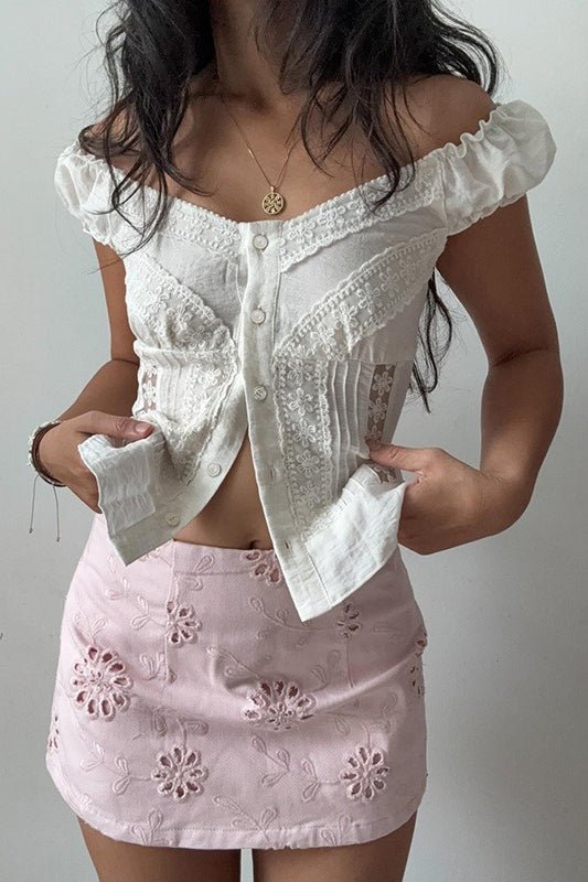 Hannah Button Front Puff Lace Blouse - Women's Everyday Fashion Top - Image 3