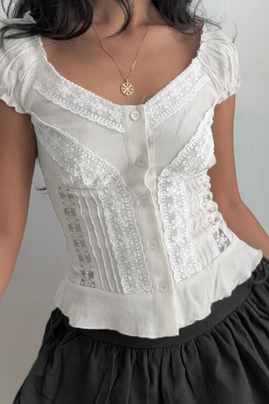 Hannah Button Front Puff Lace Blouse - Women's Everyday Fashion Top - Image 2