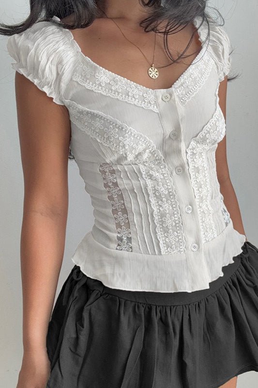 Hannah Button Front Puff Lace Blouse - Women's Everyday Fashion Top