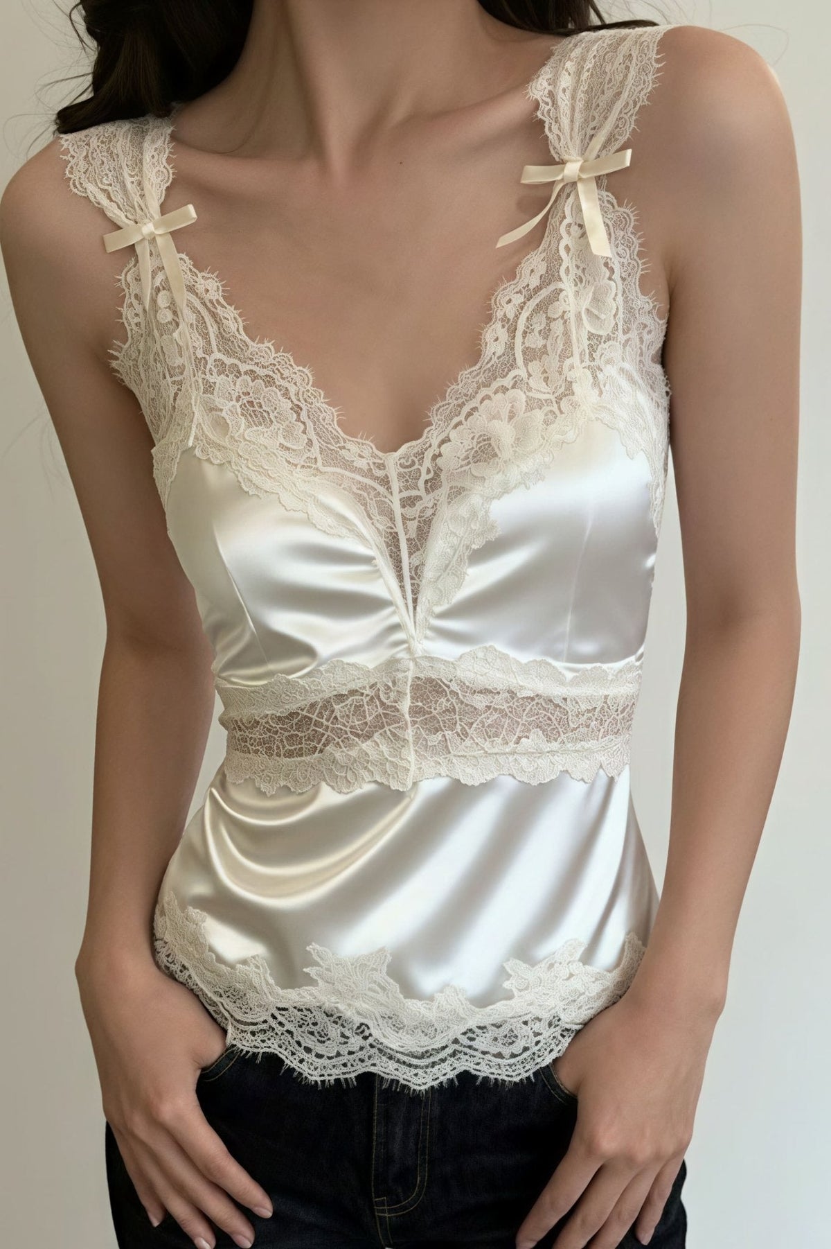 Julianne V Neck Sleeveless Satin Lace Blouse - Women's Everyday Fashion Top - Image 4