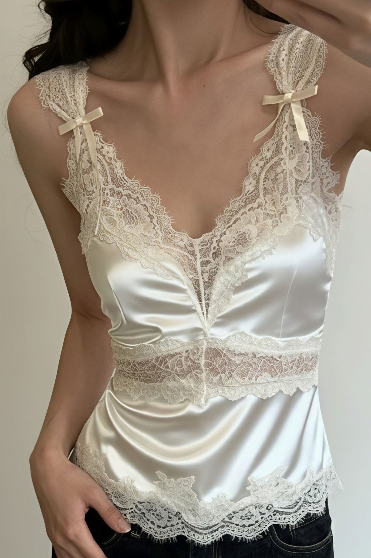 Julianne V Neck Sleeveless Satin Lace Blouse - Women's Everyday Fashion Top - Image 3