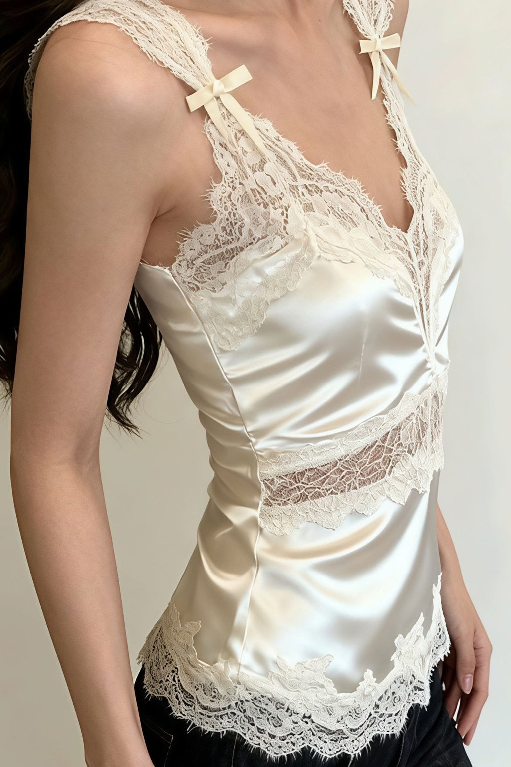 Julianne V Neck Sleeveless Satin Lace Blouse - Women's Everyday Fashion Top - Image 2