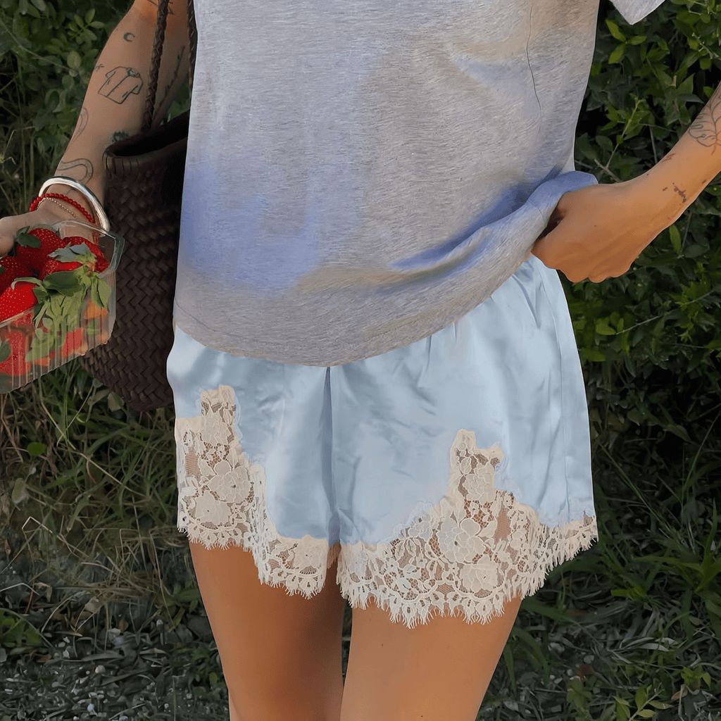 Dominique Low-Rise Satin Silk Lace Trim Lounge Shorts - Image 2