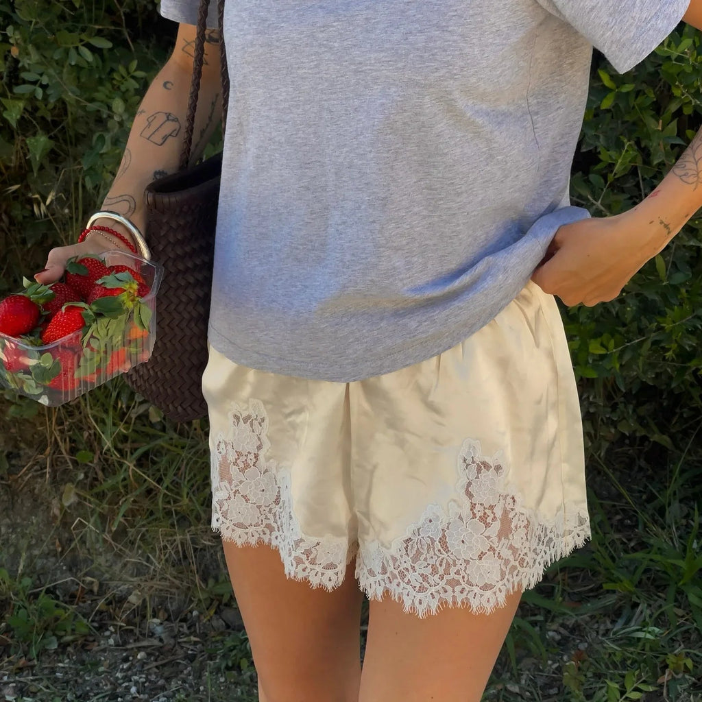 Dominique Low-Rise Satin Silk Lace Trim Lounge Shorts - Image 8