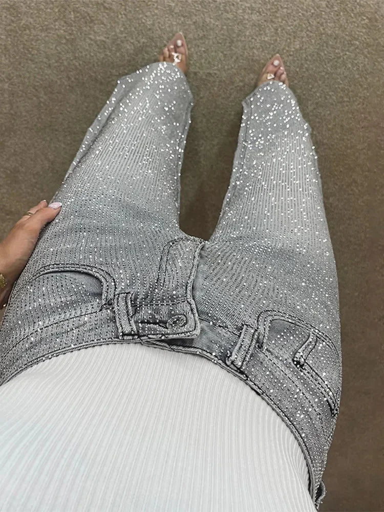 Eliana Wide Leg Denim Pants with Rhinestones - Women's Everyday Bottoms - Image 5