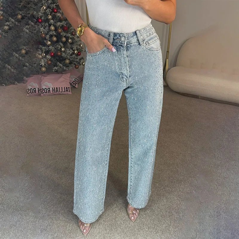 Eliana Wide Leg Denim Pants with Rhinestones - Women's Everyday Bottoms - Image 2