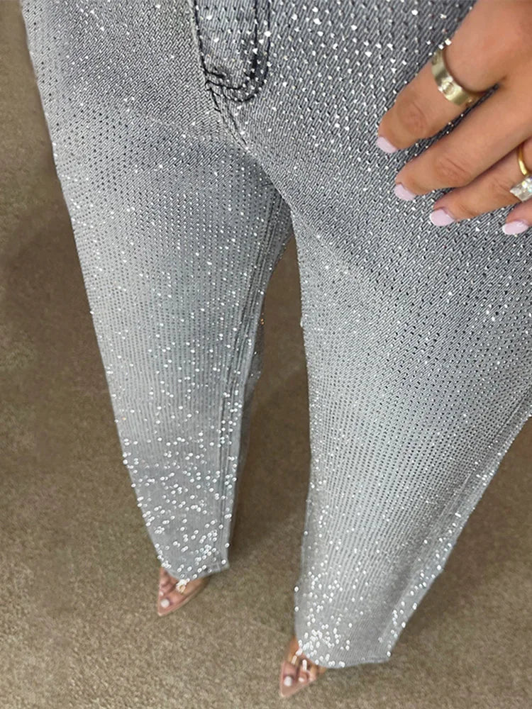 Eliana Wide Leg Denim Pants with Rhinestones - Women's Everyday Bottoms - Image 4