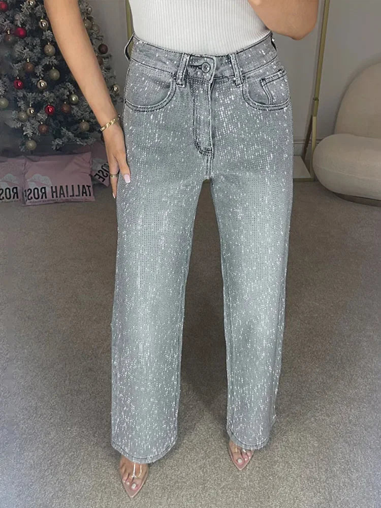 Eliana Wide Leg Denim Pants with Rhinestones - Women's Everyday Bottoms - Image 3