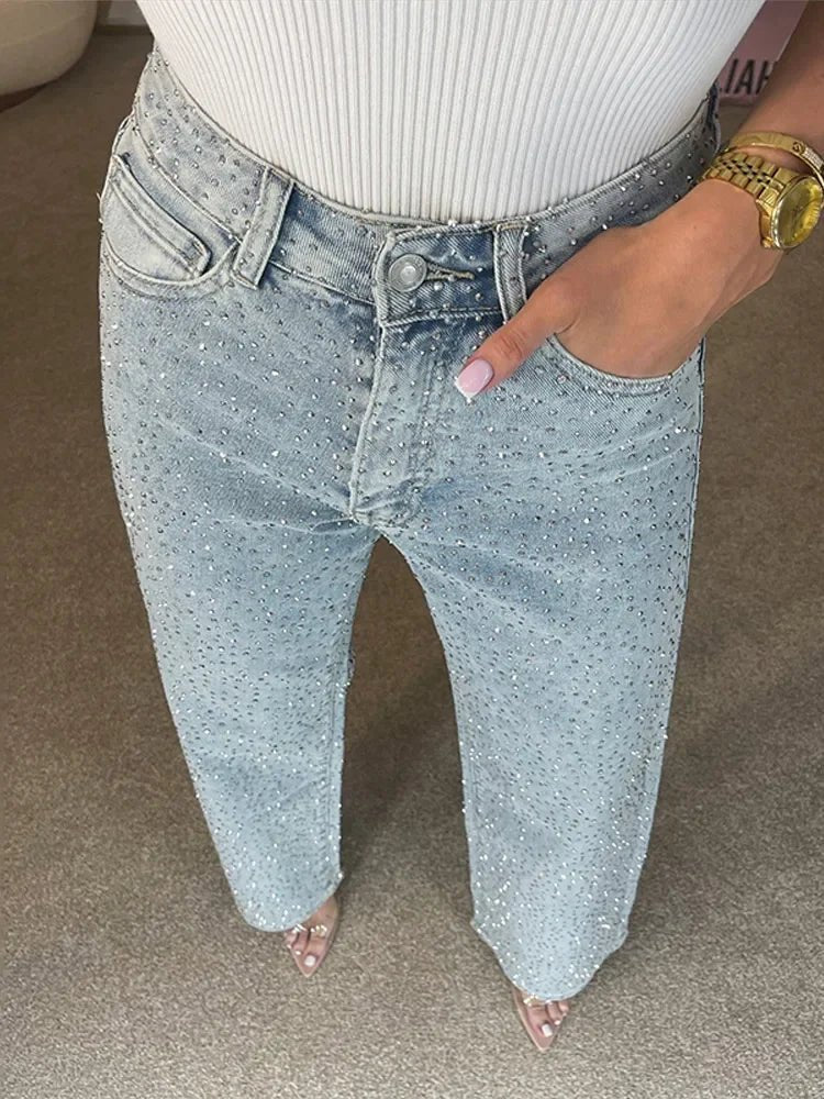Eliana Wide Leg Denim Pants with Rhinestones - Women's Everyday Bottoms