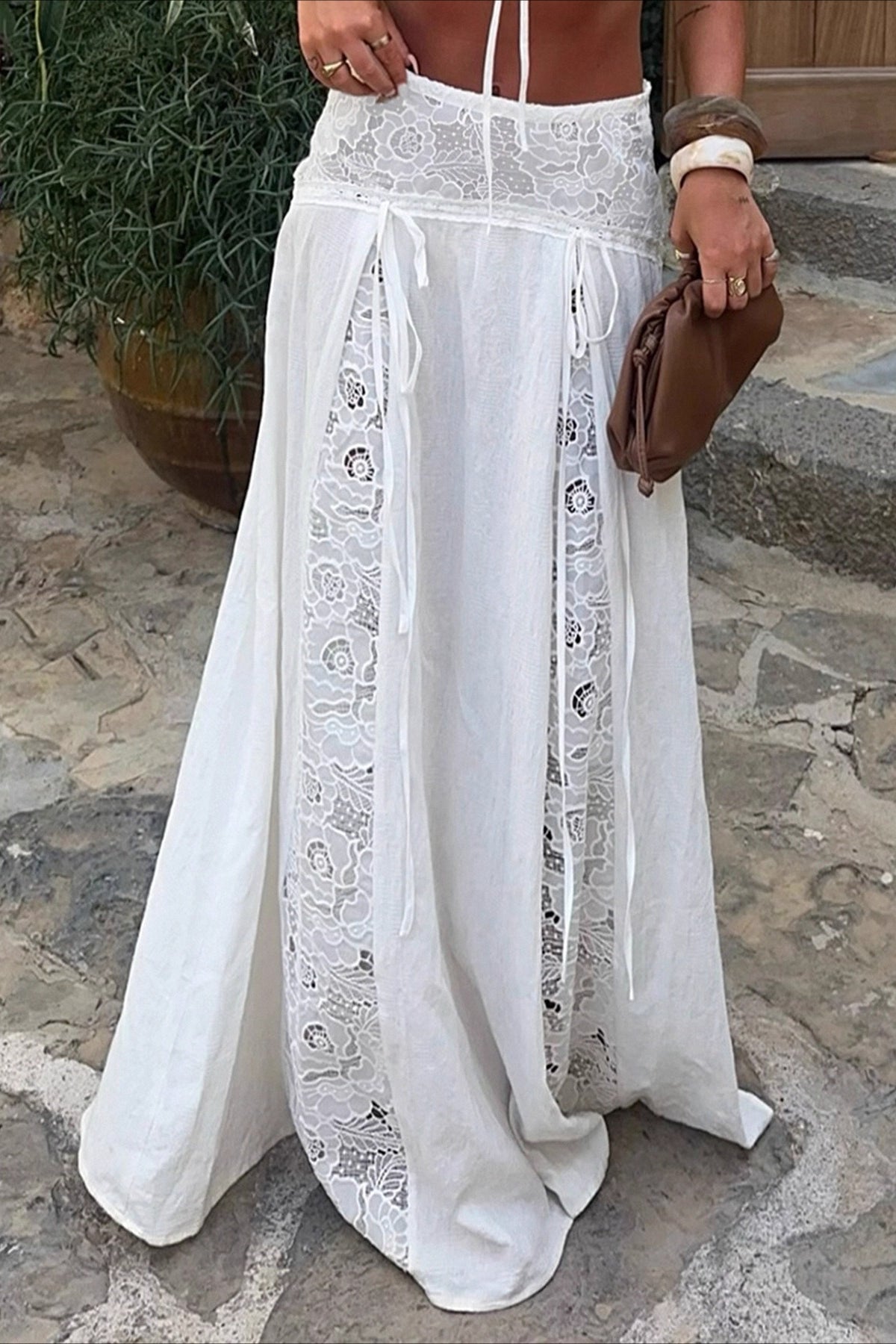Quinn White Lace Maxi Skirt for Women - Low Waist Patchwork