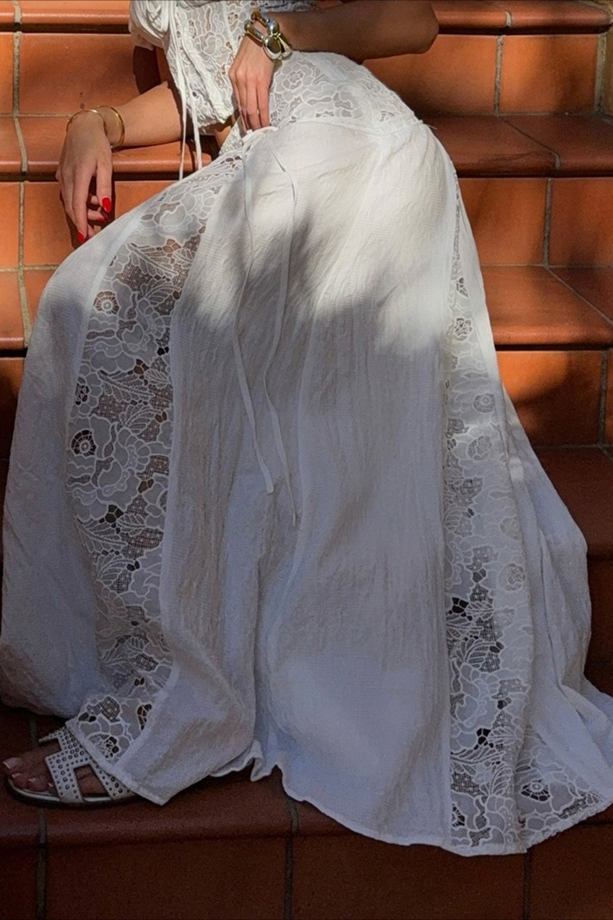 Quinn White Lace Maxi Skirt for Women - Low Waist Patchwork - Image 3