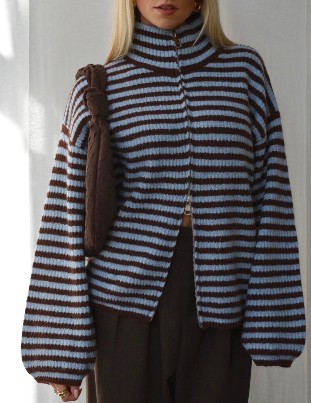 Angela Striped Mock Neck Knit Cardigan - Women's Layering Cardigan