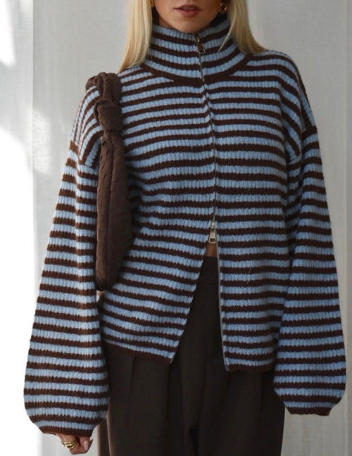 Angela Striped Mock Neck Knit Cardigan - Women's Layering Cardigan