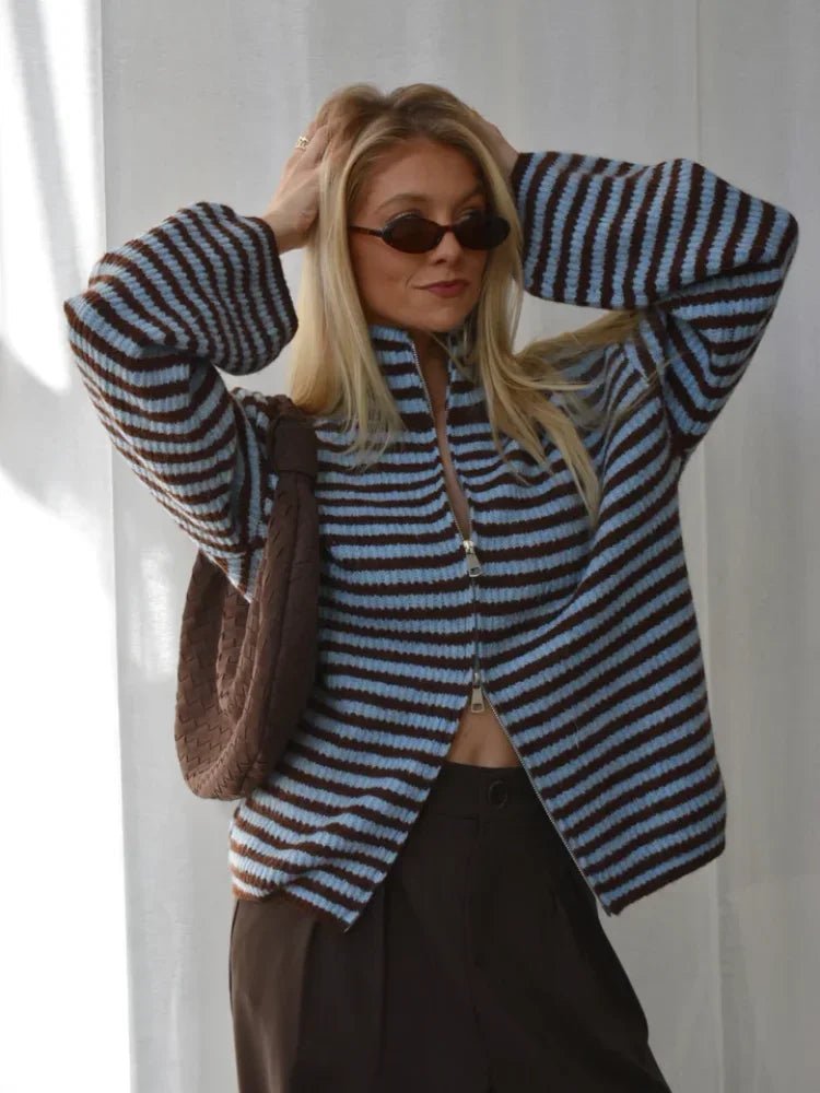 Angela Striped Mock Neck Knit Cardigan - Women's Layering Cardigan - Image 3