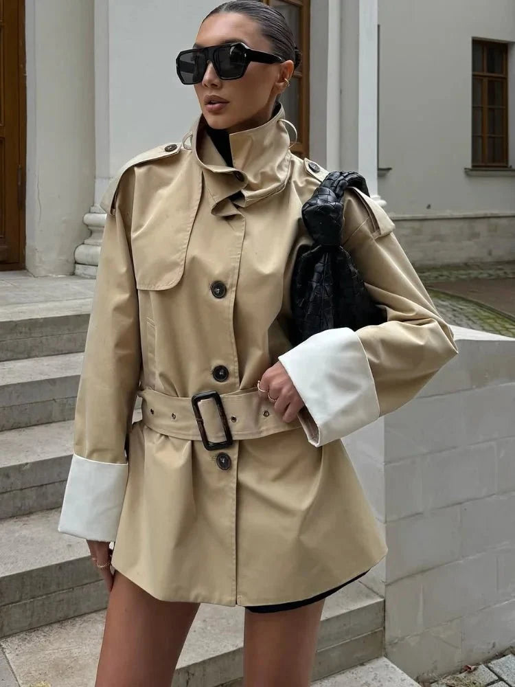 Alicia Contrast Cuffs Belted Trench Coat - Women's Fall and Winter Outerwear - Image 2