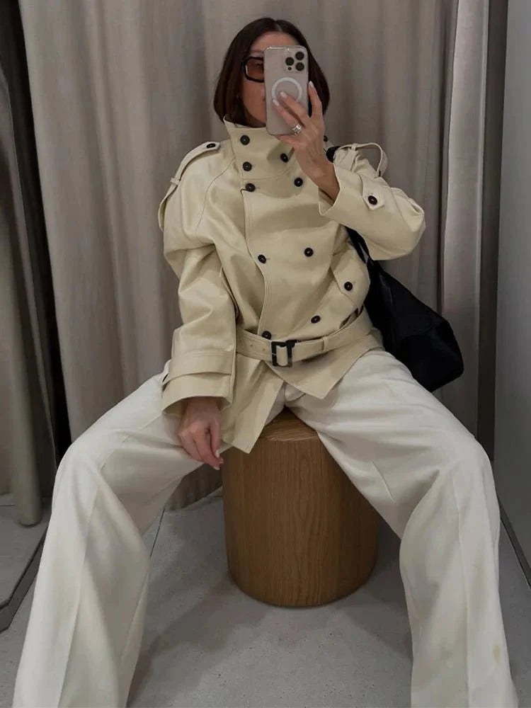 Amanda Stand Collar Trench Coat - Women's Fall and Winter Outerwear - Image 4
