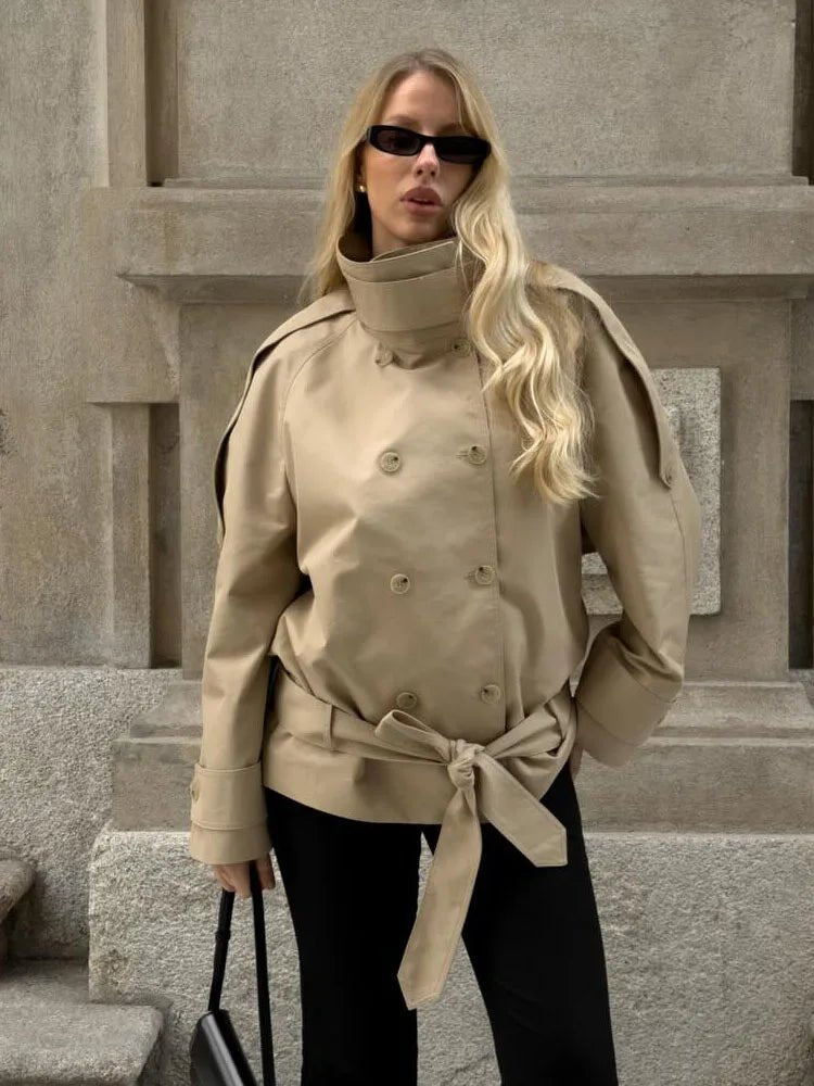 Anna High Neck Cropped Utility Trench Coat - Women's Fall and Winter Outerwear - Image 4