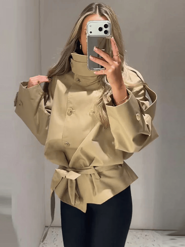 Anna High Neck Cropped Utility Trench Coat - Women's Fall and Winter Outerwear - Image 6