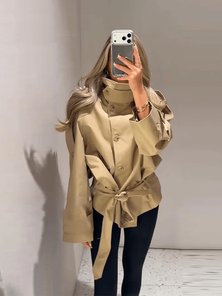 Anna High Neck Cropped Utility Trench Coat - Women's Fall and Winter Outerwear - Image 9