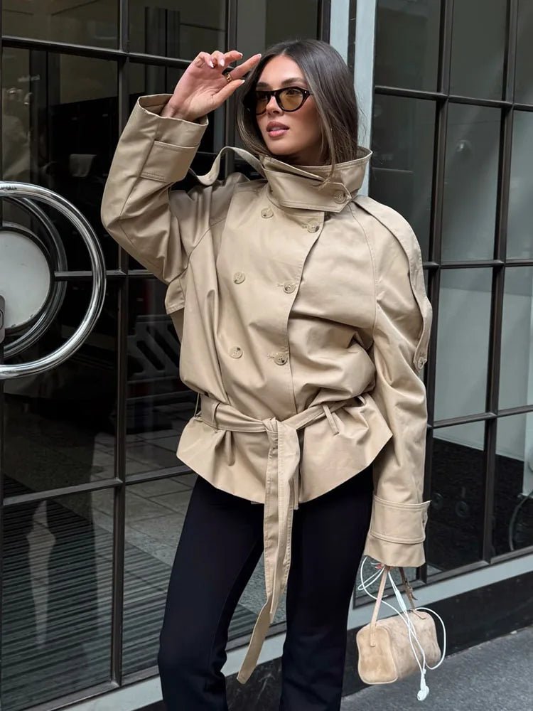 Anna High Neck Cropped Utility Trench Coat - Women's Fall and Winter Outerwear - Image 3