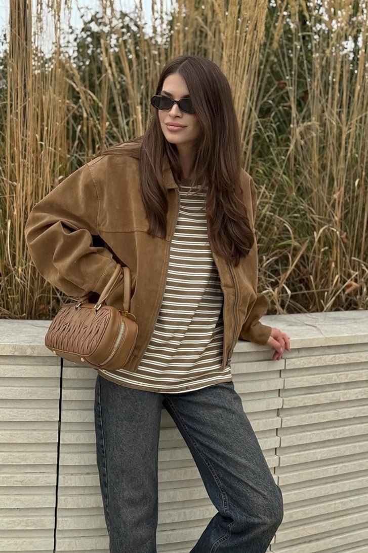 Jenny Suede Zip-Up Bomber Jacket - Women's Everyday Outerwear - Image 5