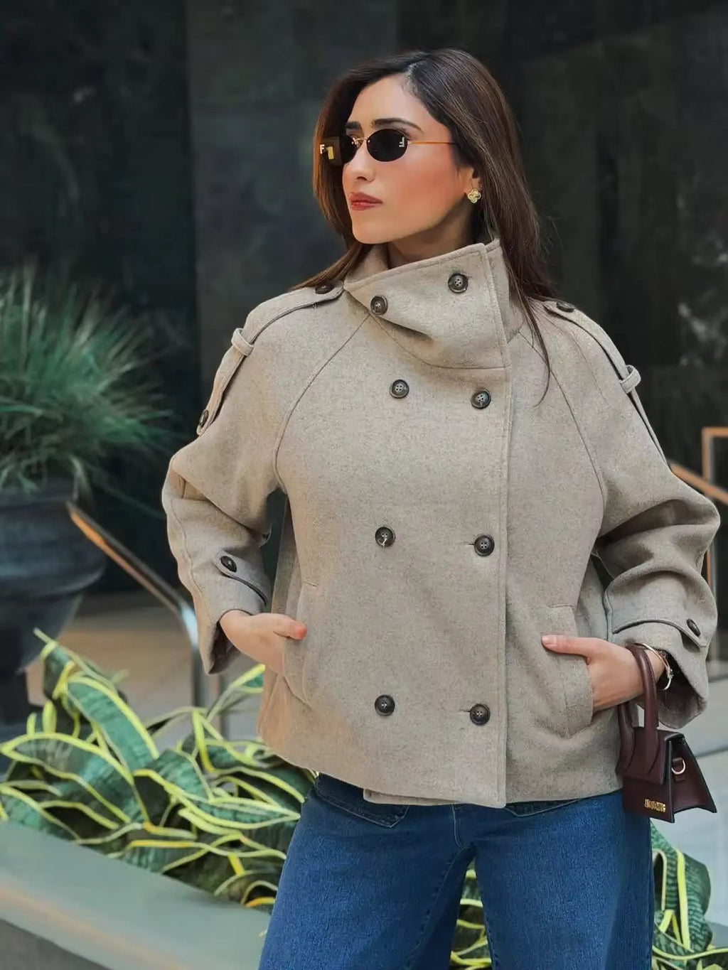 Julie Stand Collar Oversized Coat - Women's Fall and Winter Outerwear - Image 4