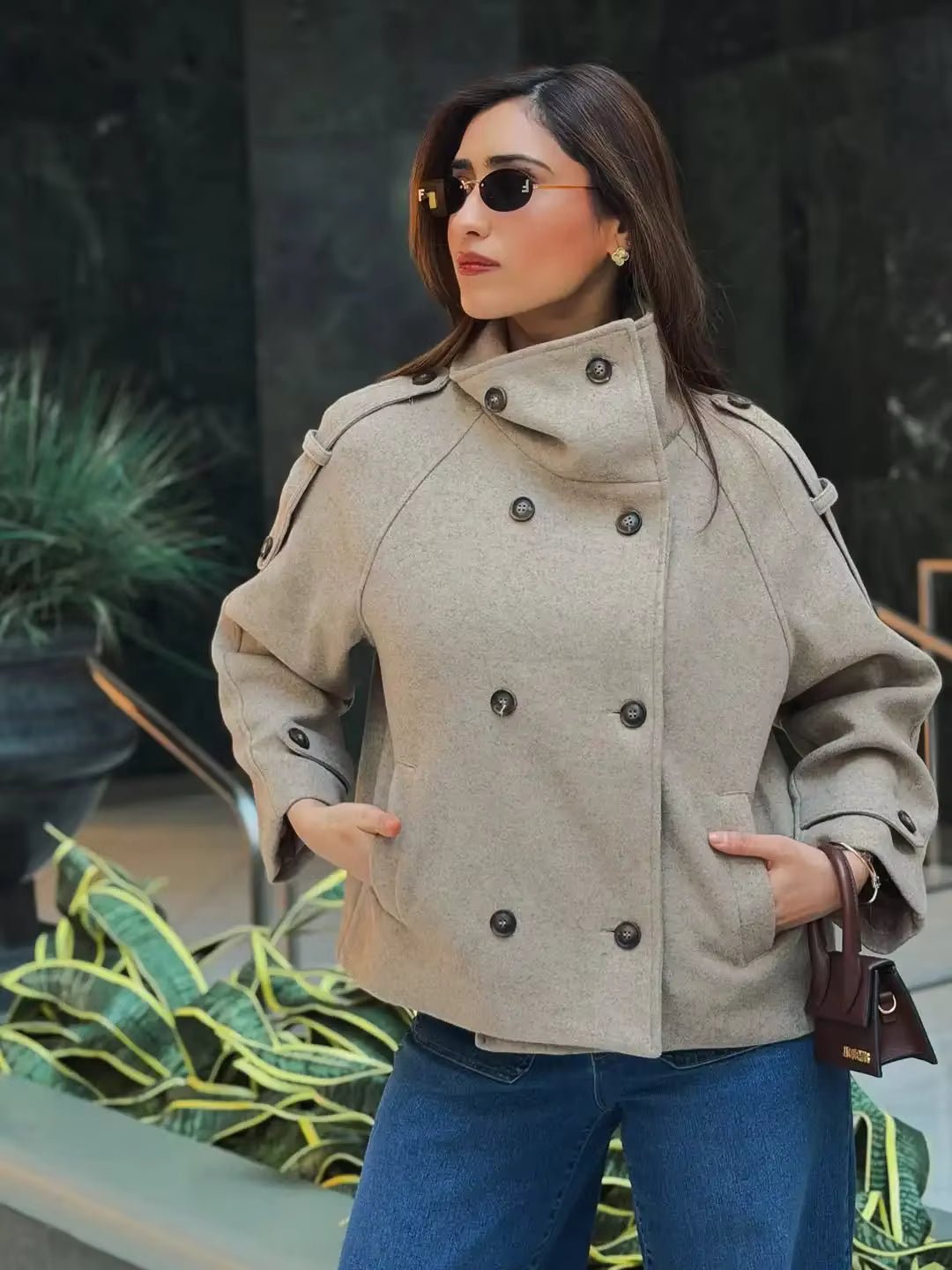 Julie Stand Collar Oversized Coat - Women's Fall and Winter Outerwear - Image 4